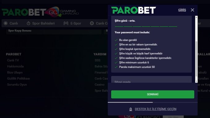 Parobet Kayıtta Şifre Belirleme